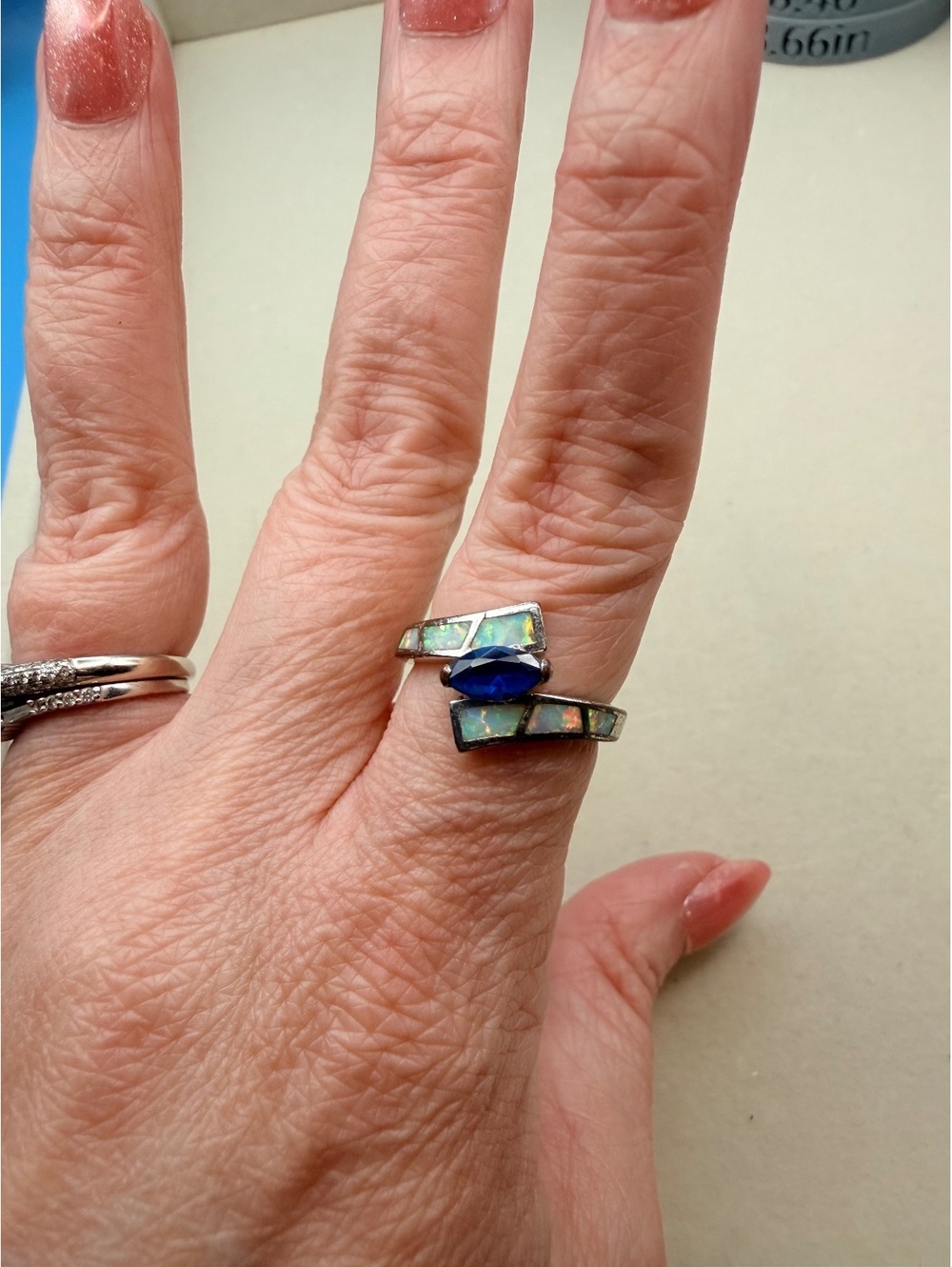 Silver tone blue geometric wrap ring